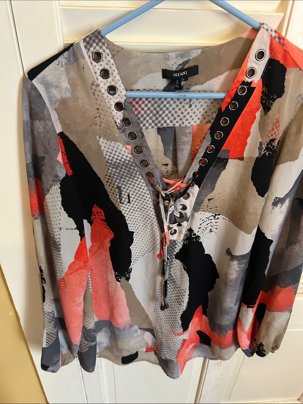 Alfani Coral, Black & Gray Abstract Lace-Up V-Neck Tunic